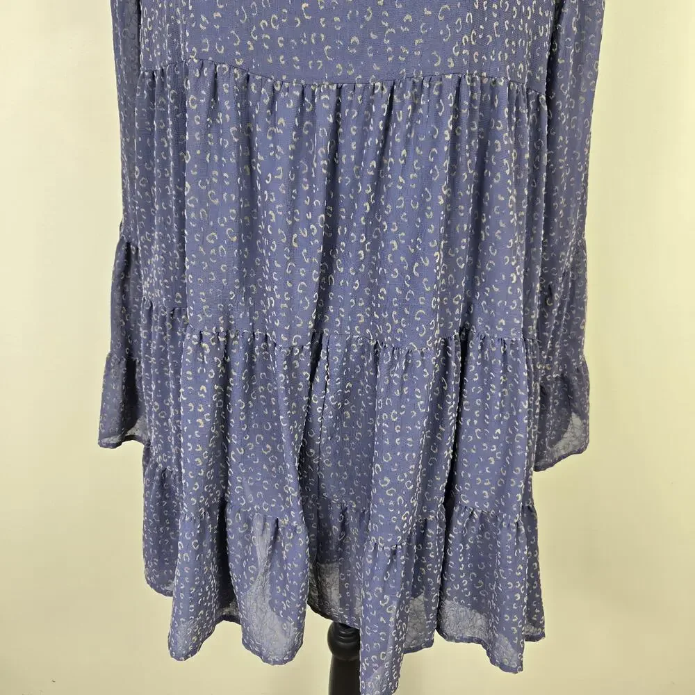 Altar'd State Dress Womens Large Blue Animal Print Bell Sleeve Tiered Trapeze